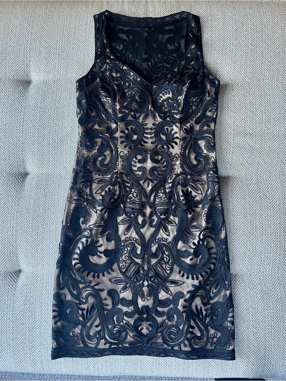 Sue Wong Black Lace Appliqué Sheath Dress with Nude Lining